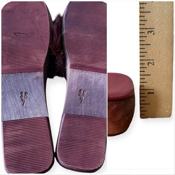 Burgundy Wine Rabbit Fur Wood Clog Slide Sandal, Size 38EU, Y2K - Picture 8 of 8